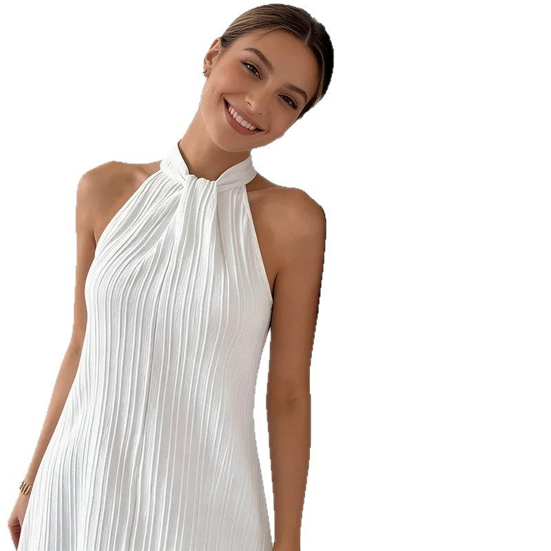 Womens Halter Neck Sleeveless Pleated Dress