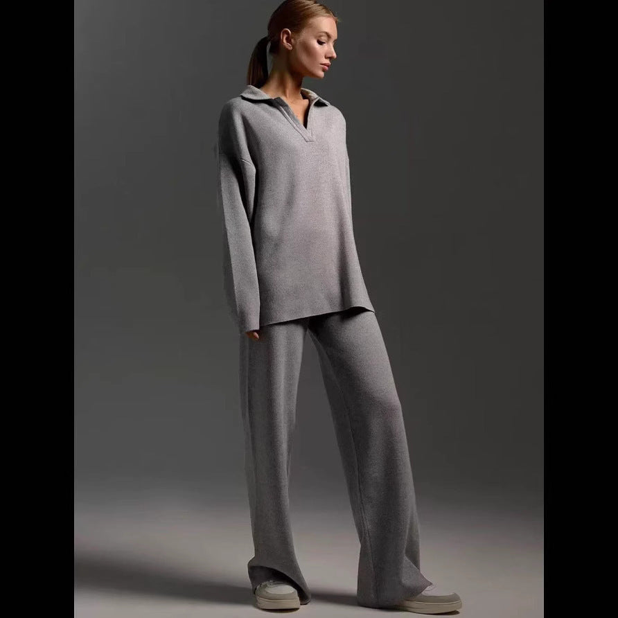 Women's Two-Piece Knit Set Polo Collar Pullover and Wide-Leg Pants