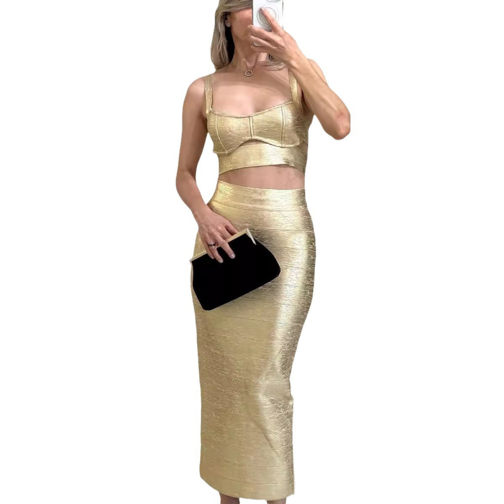 Women's gold-embossed bandage top long dress