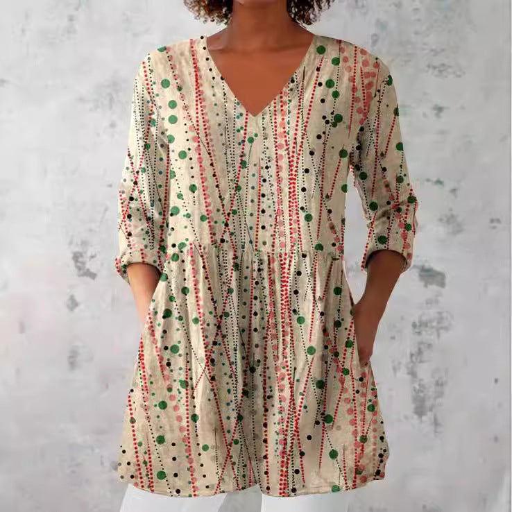 Womens 3D Printed Loose V-Neck Short Sleeve Dress