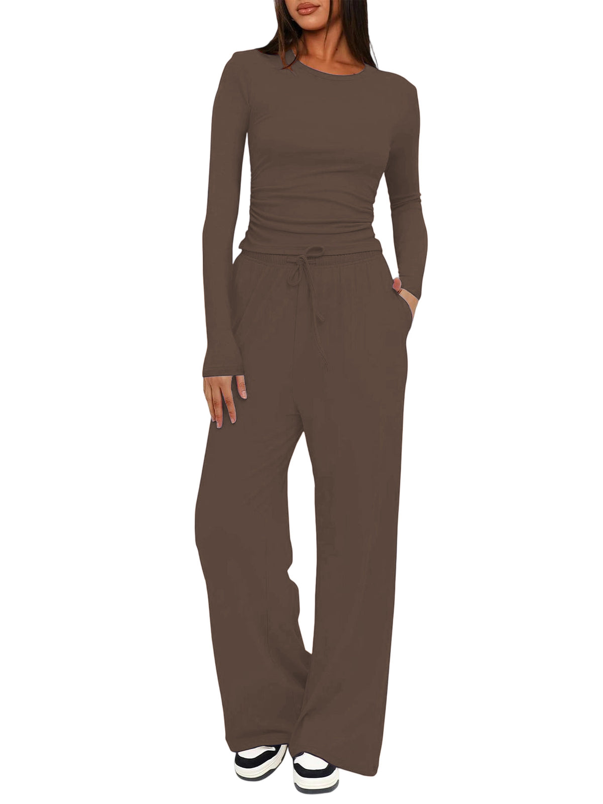Solid Color Long Sleeve Top and High Waisted Wide Leg Pants Sportswear Set