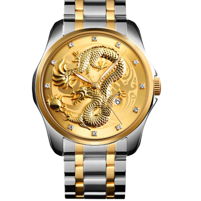 Mens Dragon Embossed Quartz Calendar Watch