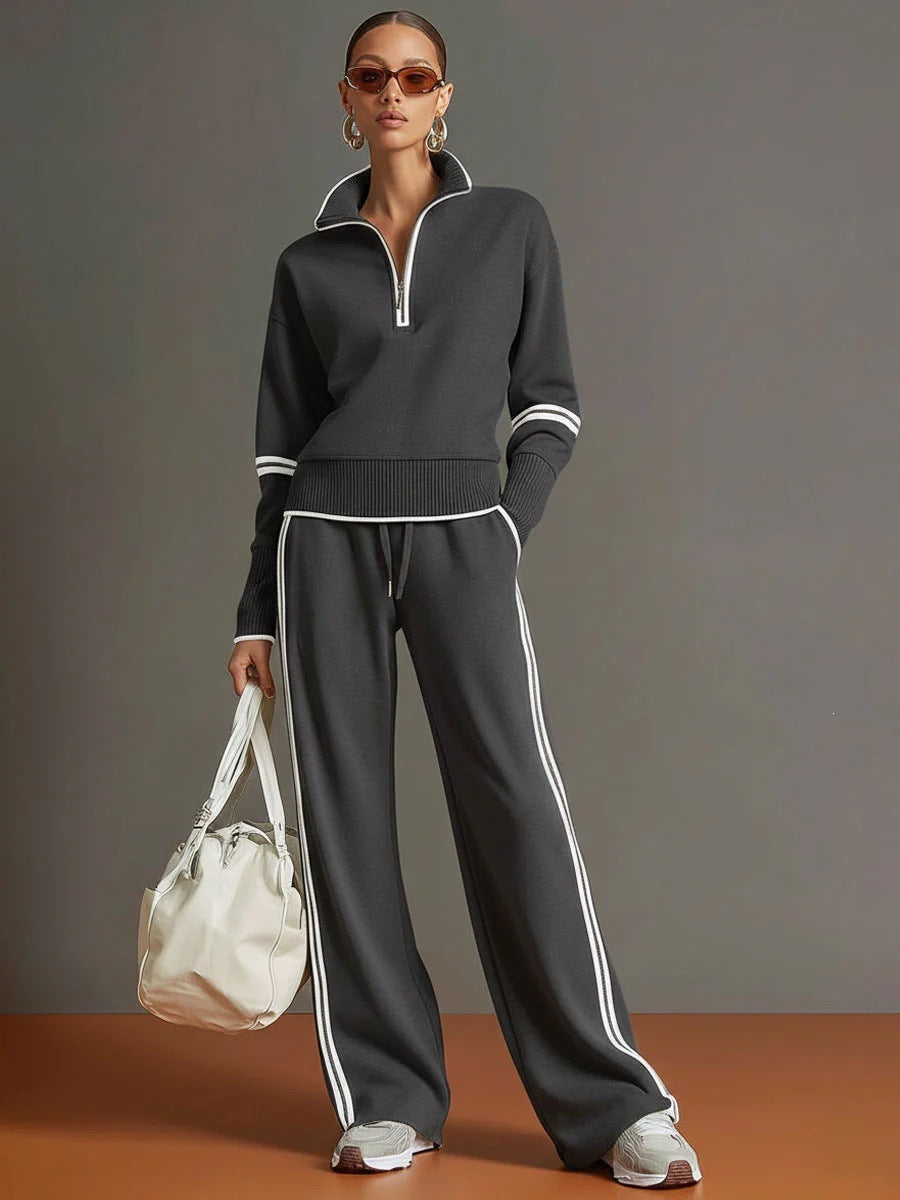 Women's Half Zip Knit Set with Wide Leg Pants