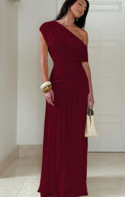 Womens Slant Collar Pleated Dress