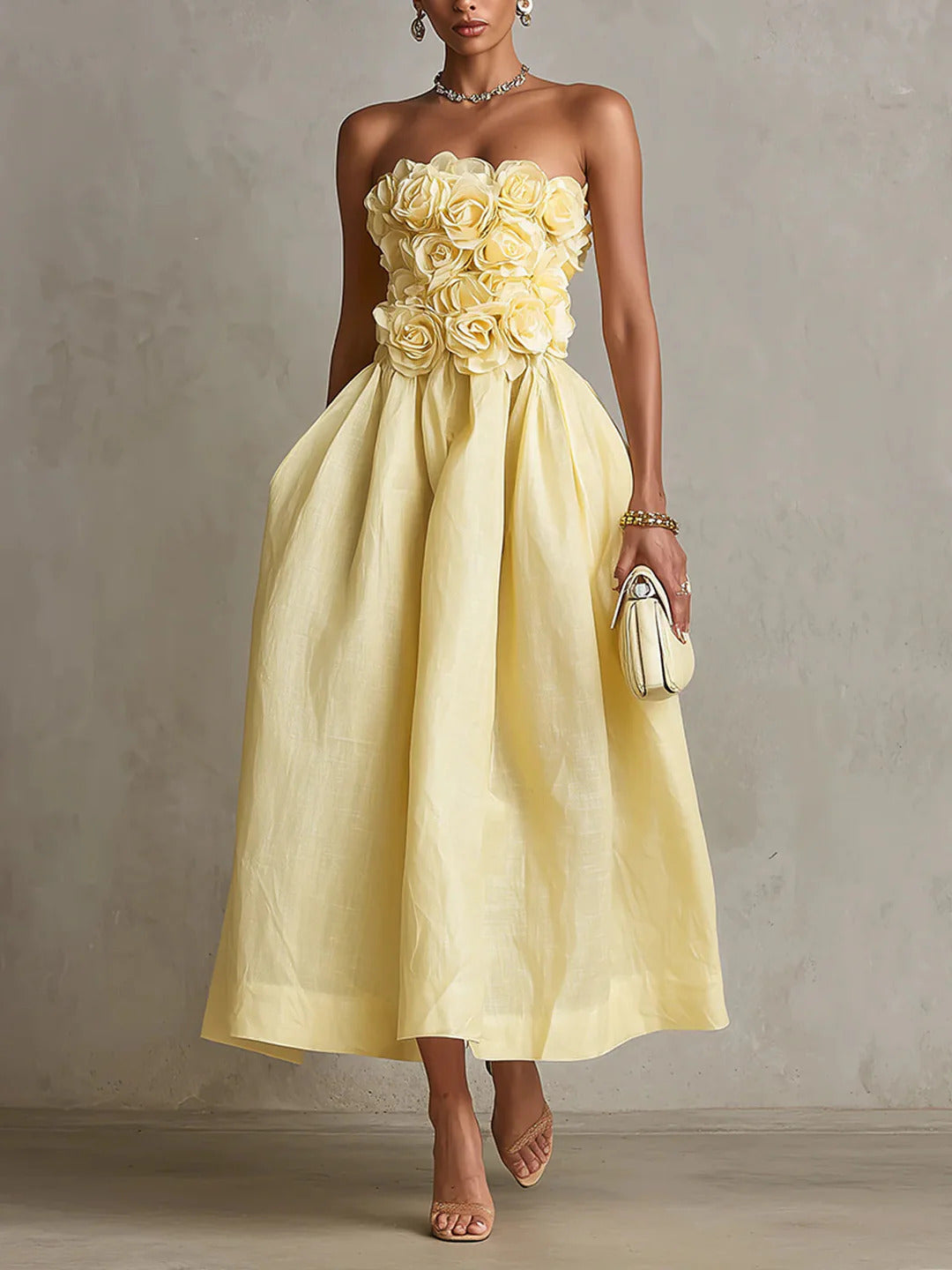 Women's Off-Shoulder Floral Decor High-Waisted A-Line Midi Dress