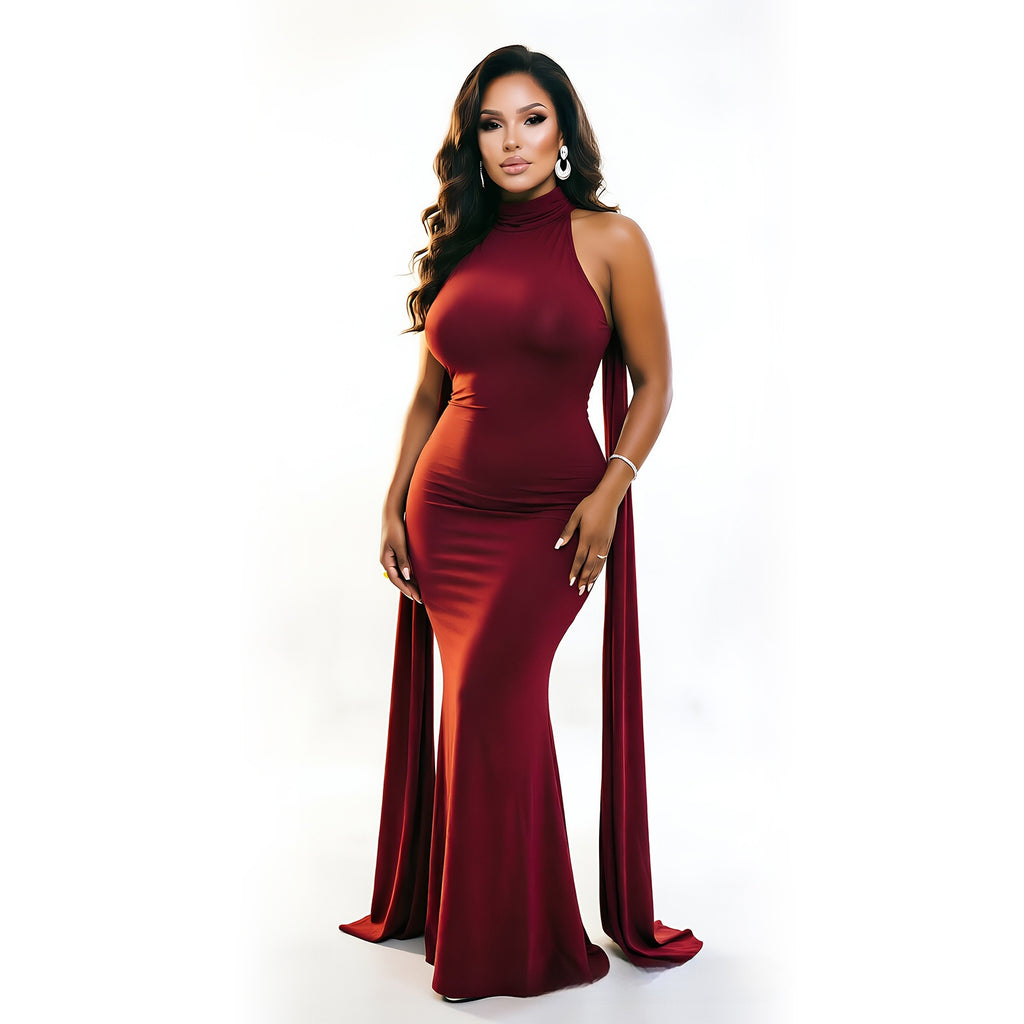 Halter Neck Fishtail Evening Gown with Cape