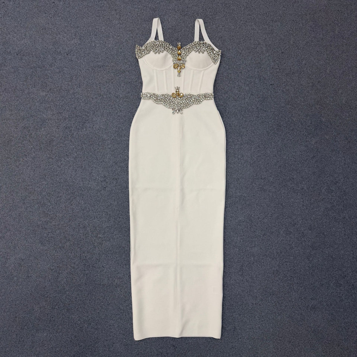 Strapless waist-cinching evening gown
