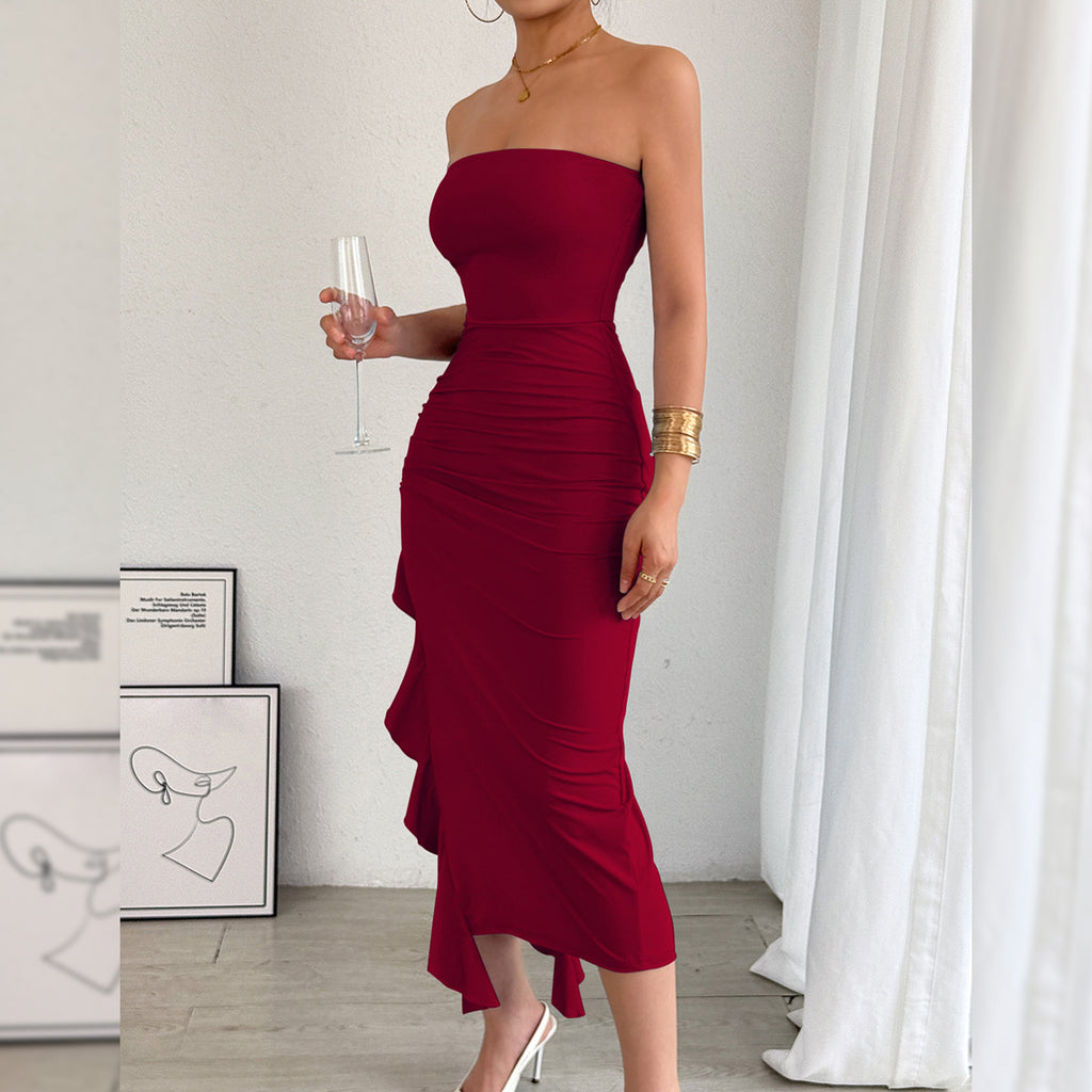 Women's Slim Fit Tube Top Bodycon Dress Slit Wrap Chest Solid Color