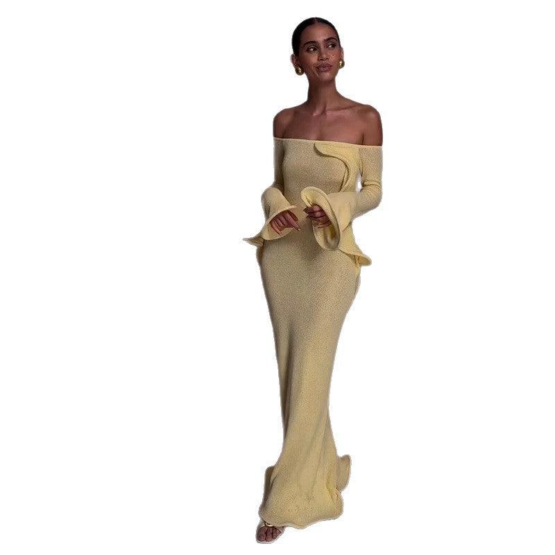 Womens Ruffle Long Sleeve Slim Dress