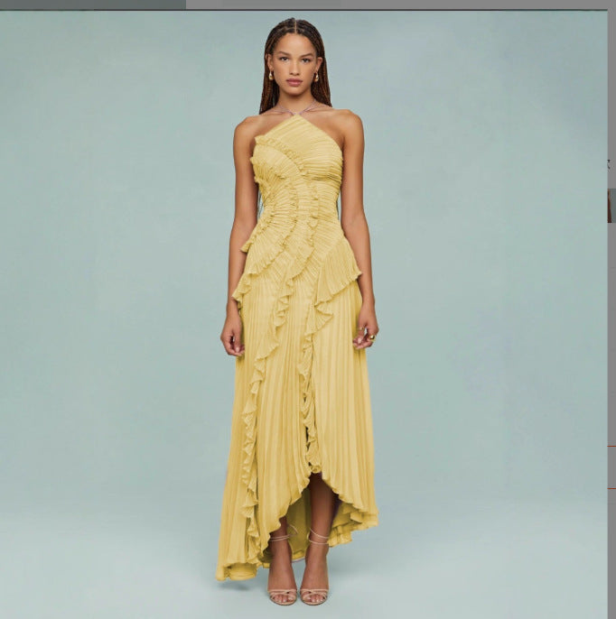 Summer Pleated Halter Neck Backless Dress