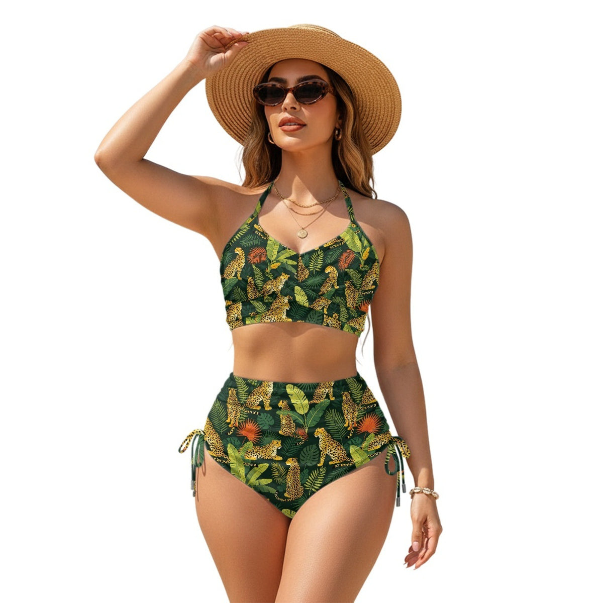 Women Sexy Animal Print High-Waist Drawstring Two-Piece Bikini Swimsuit