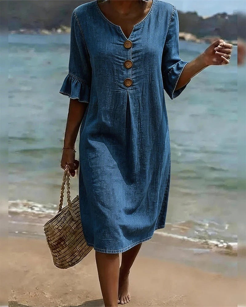 Womens V-Neck Linen Blend Dress