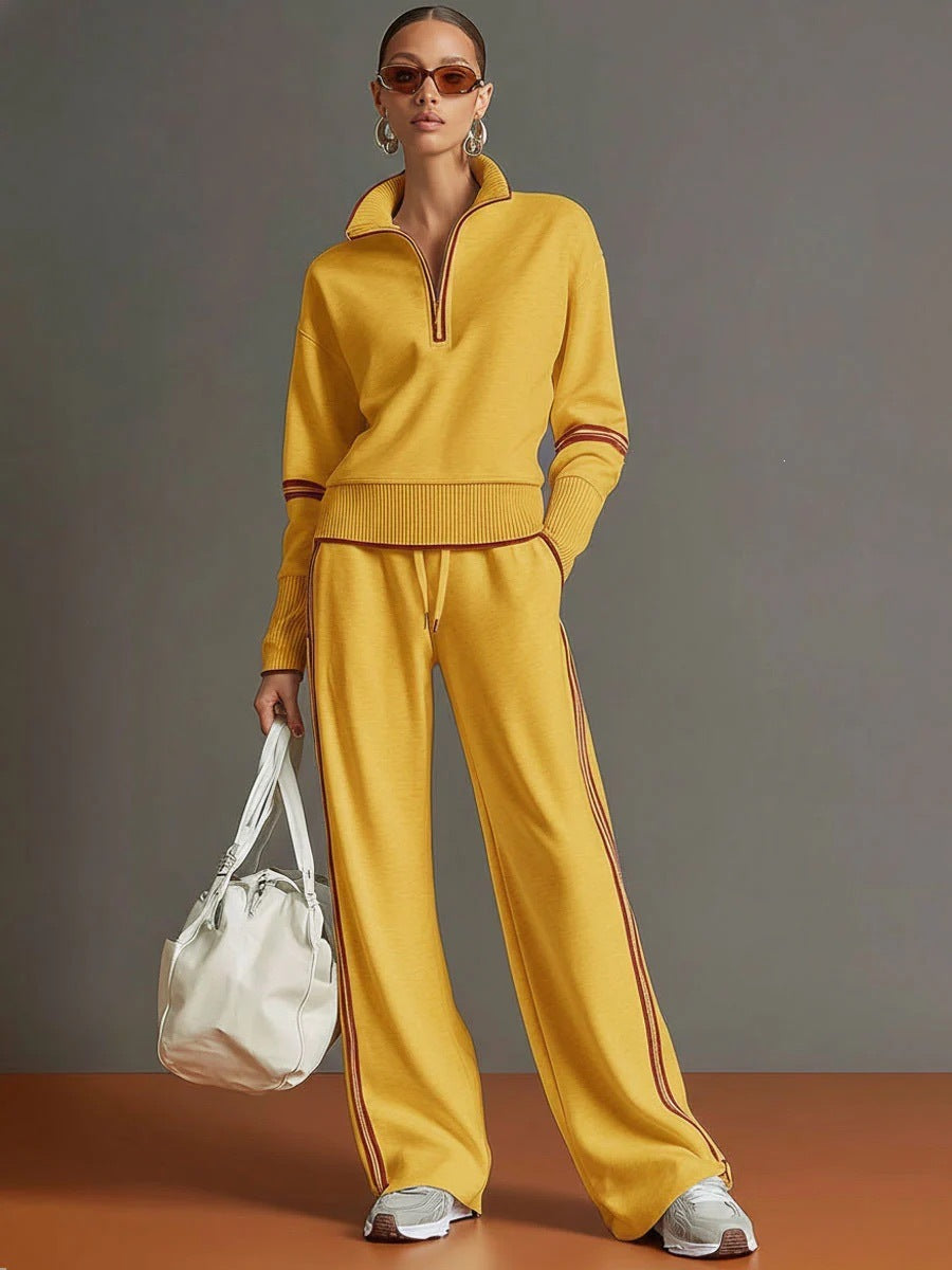Women's Half Zip Knit Set with Wide Leg Pants