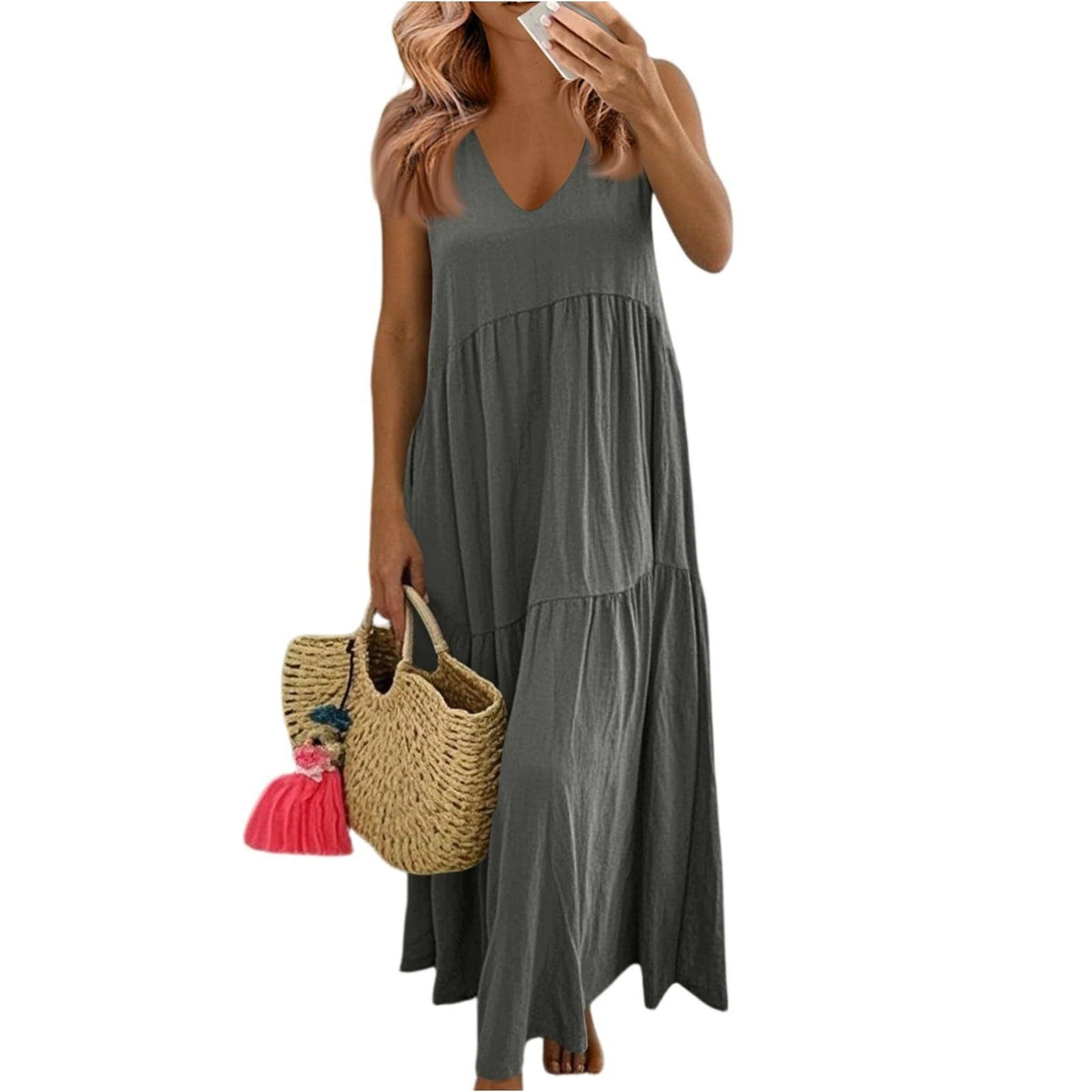Women's Cotton V-Neck Sleeveless Bohemian Layered Maxi Dress