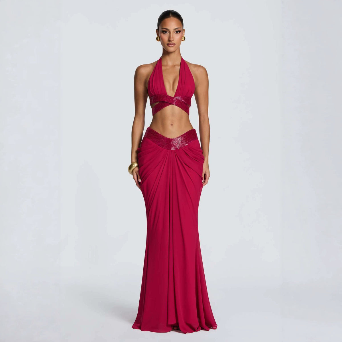 Halter Neck Deep V Sequin Two Piece Set Short Camisole Long Skirt