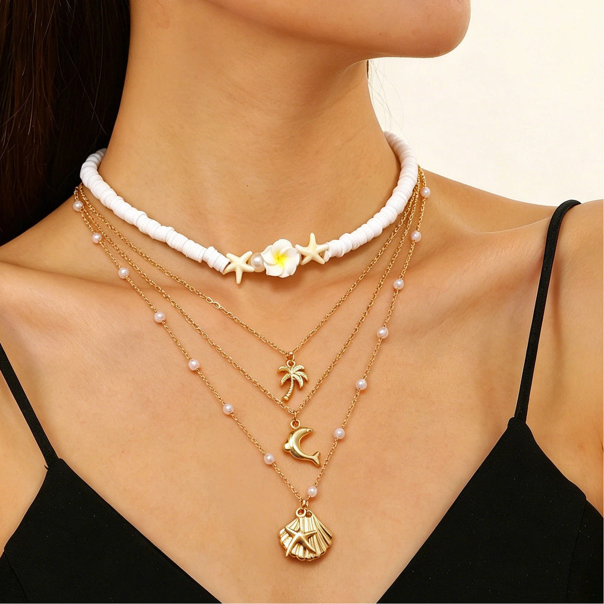 Layered Shell Pearl Starfish Pendant Bohemian Necklace