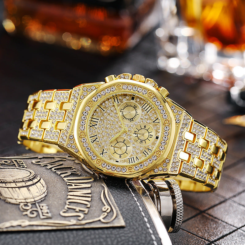 Men's Fashion Quartz Watch with Rhinestone Dial and Steel Band