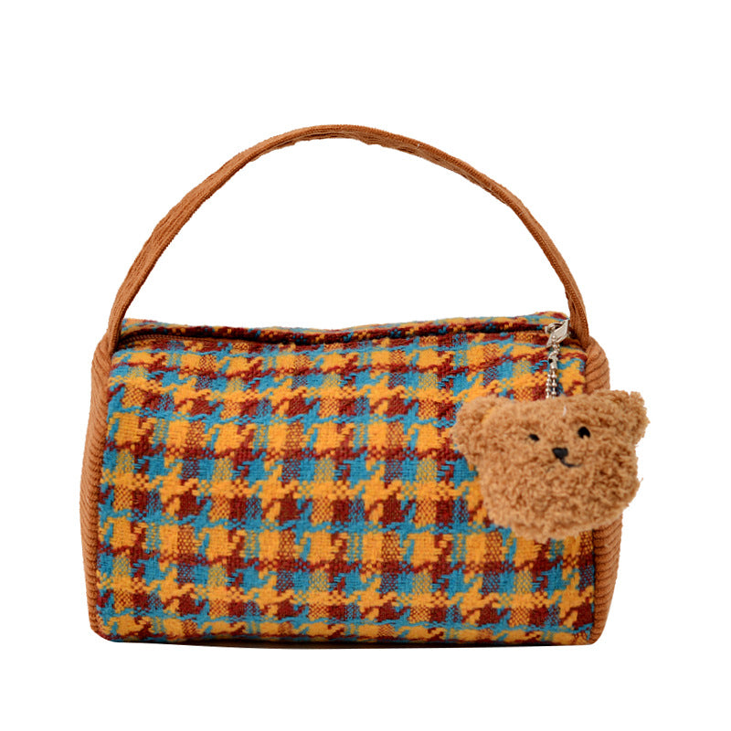 Classic Houndstooth Bucket Handbag Cute Portable Corduroy Makeup Gift Bag