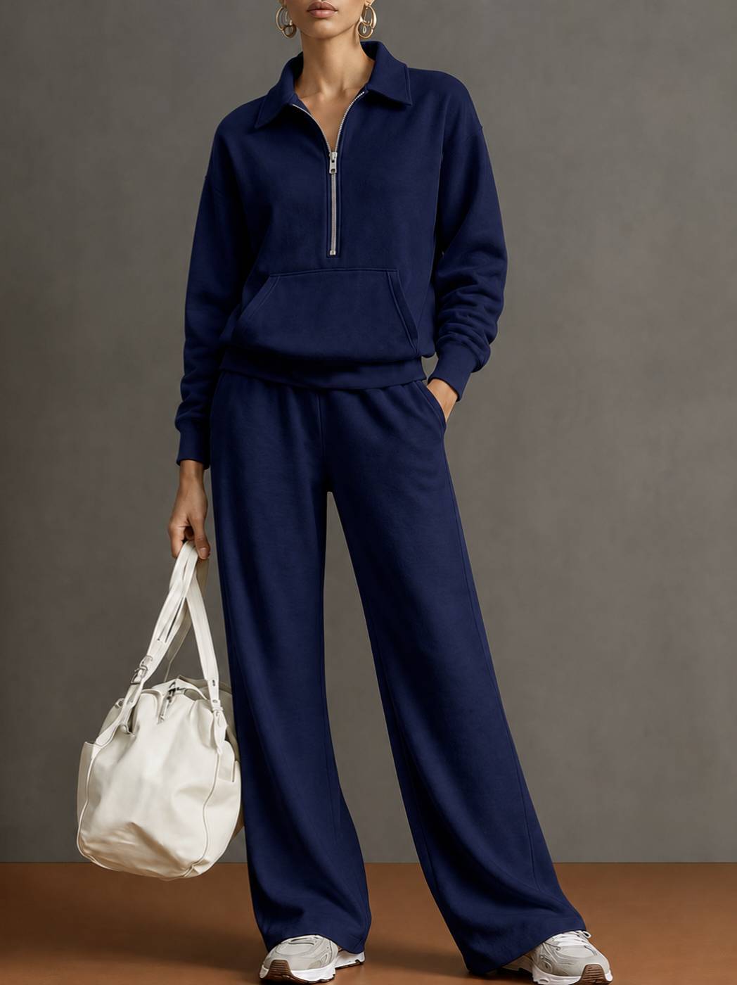 Women Two-Piece Half-Zip Sweatshirt and Wide-Leg Pants Set
