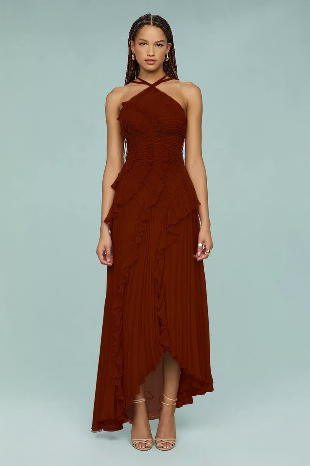 Summer Pleated Halter Neck Backless Dress