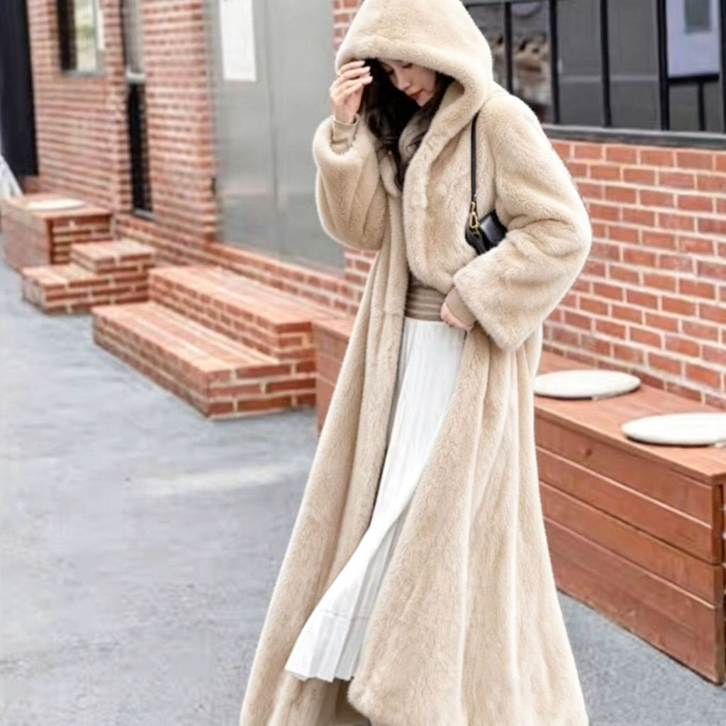 Extra-Long Faux Fur Hooded Coat with Belt for Women