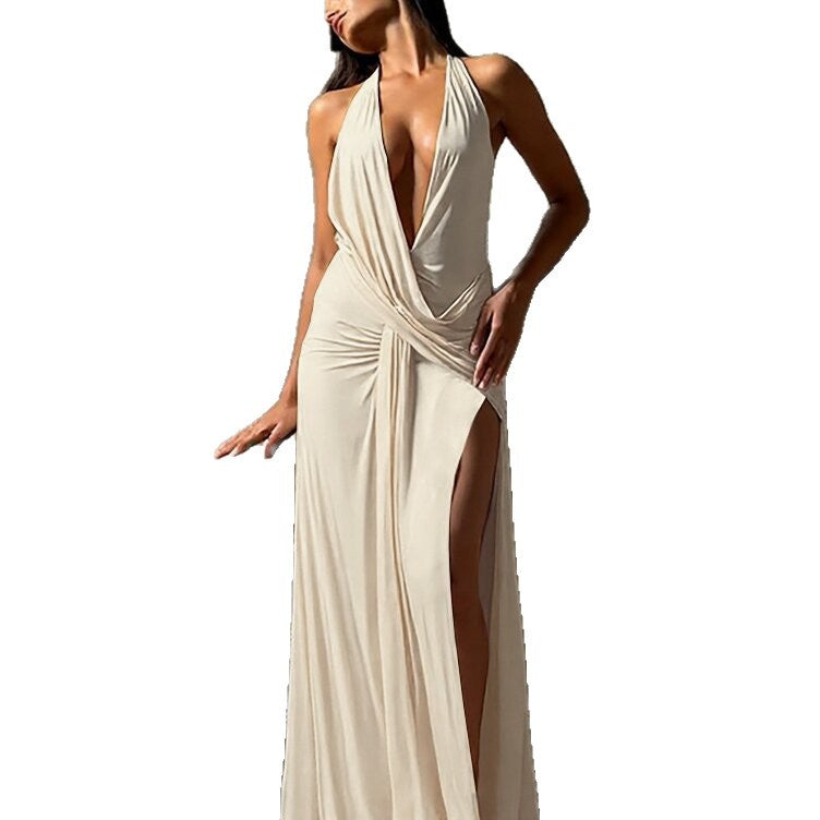 Womens Deep V Halter Backless Slit Dress
