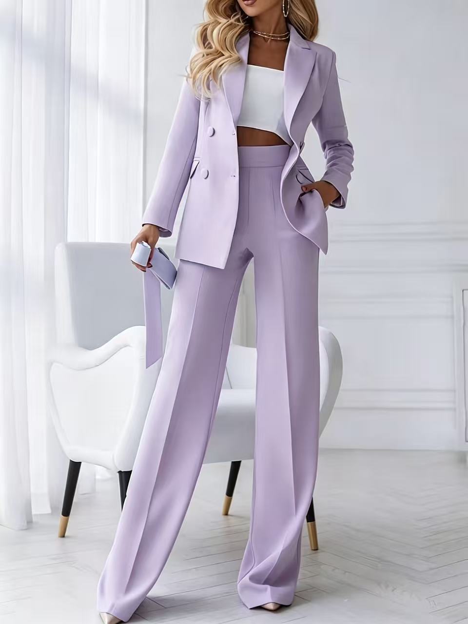 Womens Double-Breasted Blazer and Wide-Leg Pants Suit Set