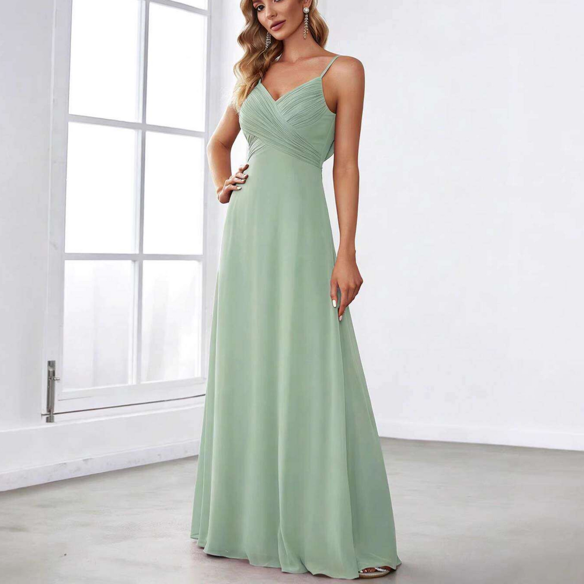 Sleeveless Pleated Strap Evening Dress
