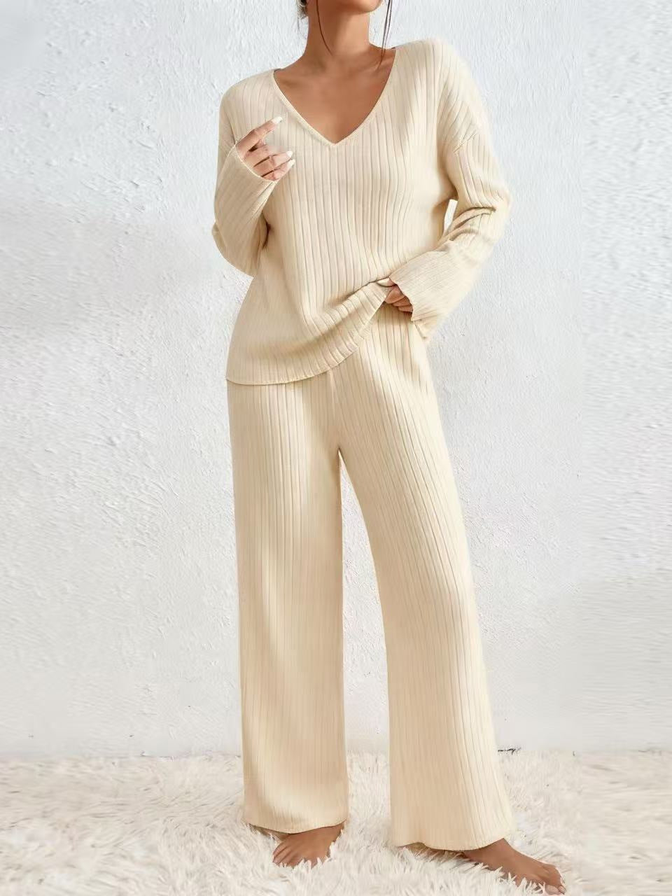 Women V-Neck Loose Ribbed Knit Long Sleeve Top Suit Set