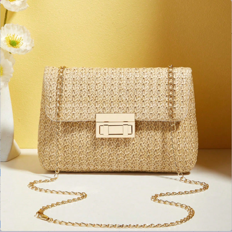 Straw Double-Ended Lock Shoulder Bag Chain Crossbody Bag