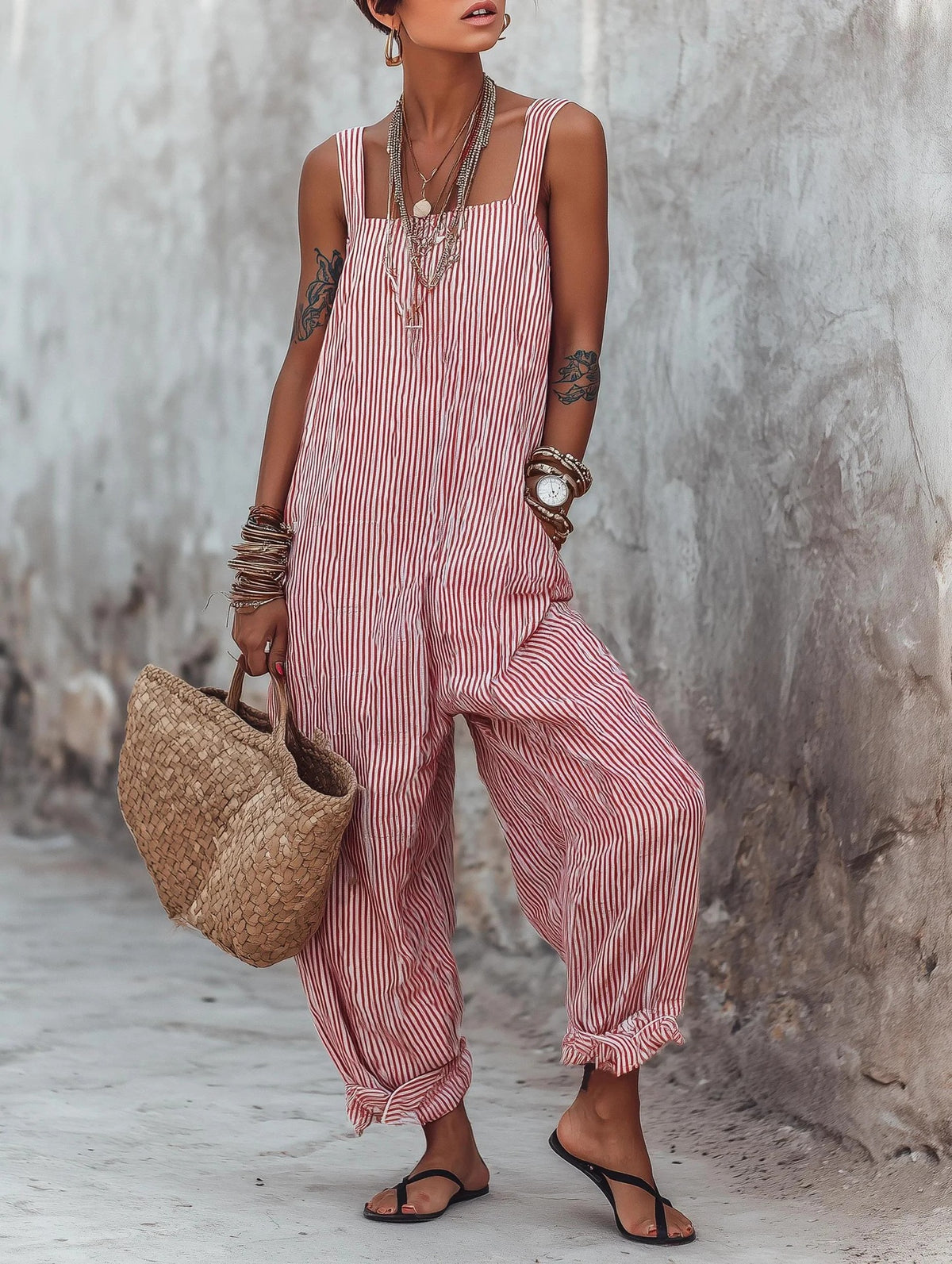 Striped Suspender Wide-Leg Jumpsuit for Women