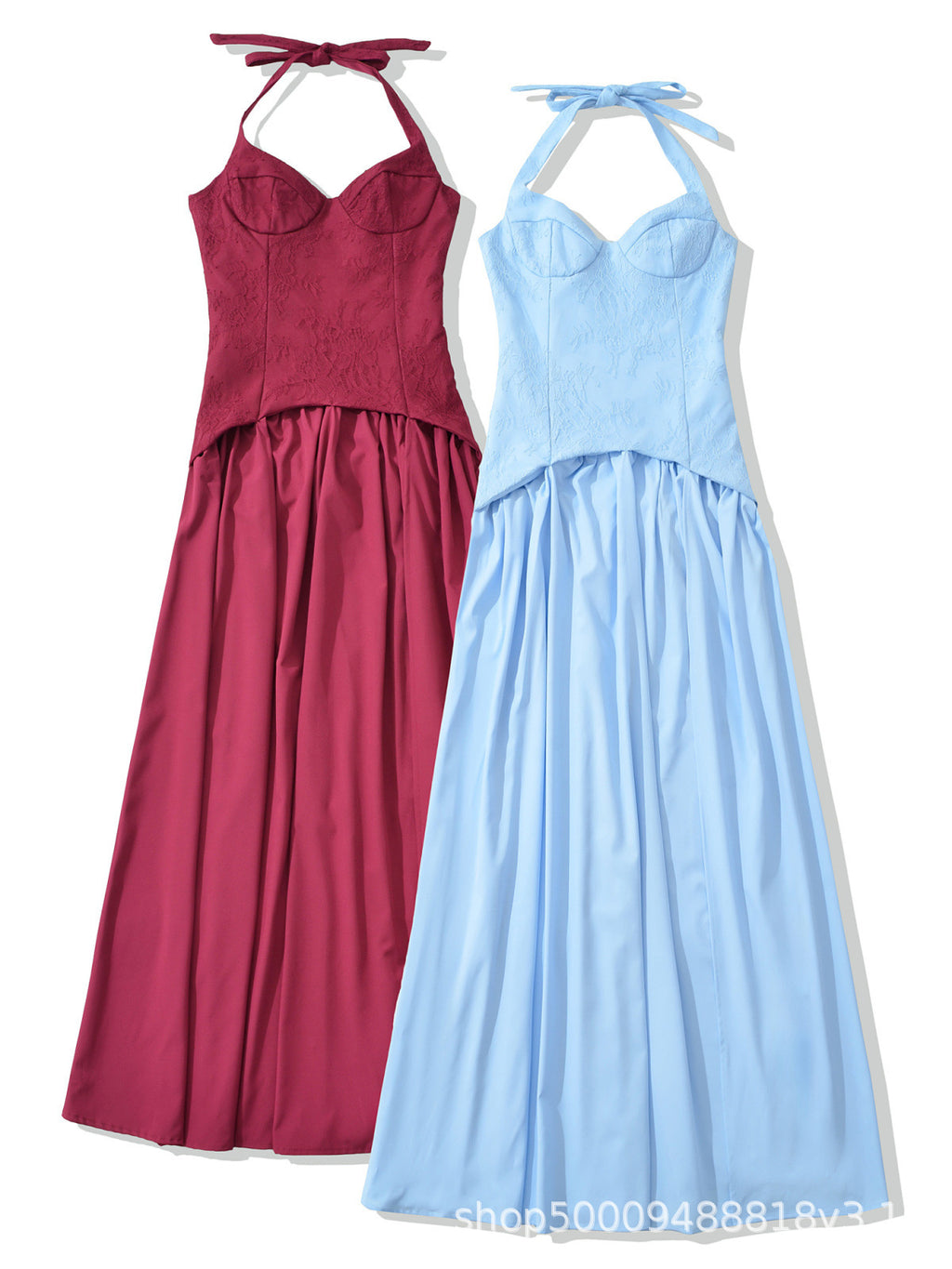 French-Style Halter Neck Lace Spliced Long Dress with Slit