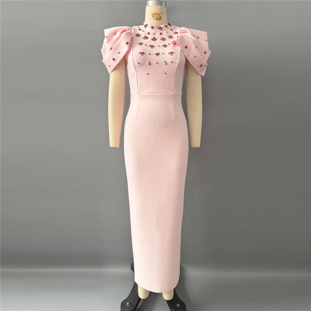 Women's Rhinstone Ruffle Sleeve Bodycon Knitted Long Dress