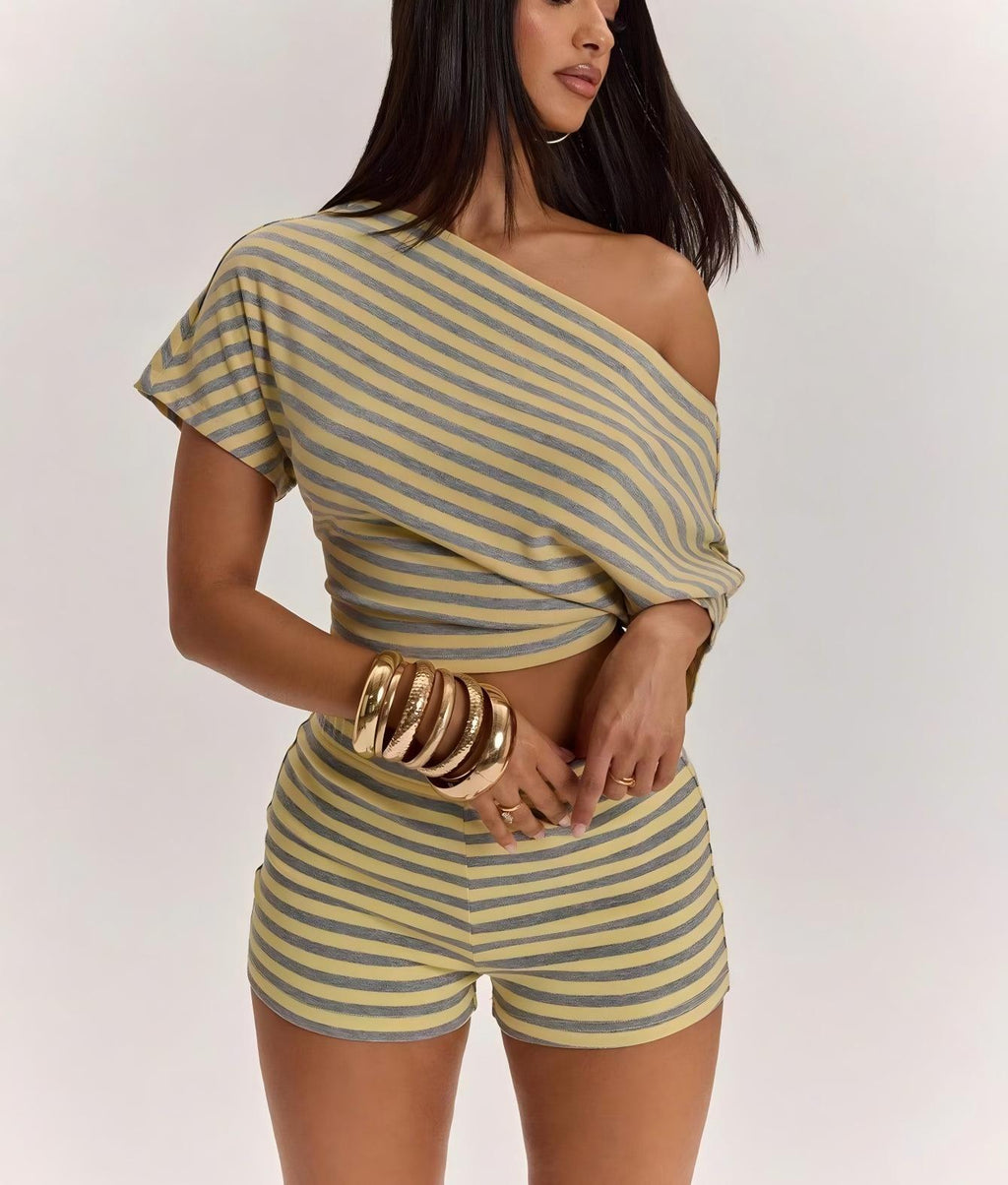 Off-Shoulder Short-Sleeve T-Shirt High-Waisted Shorts