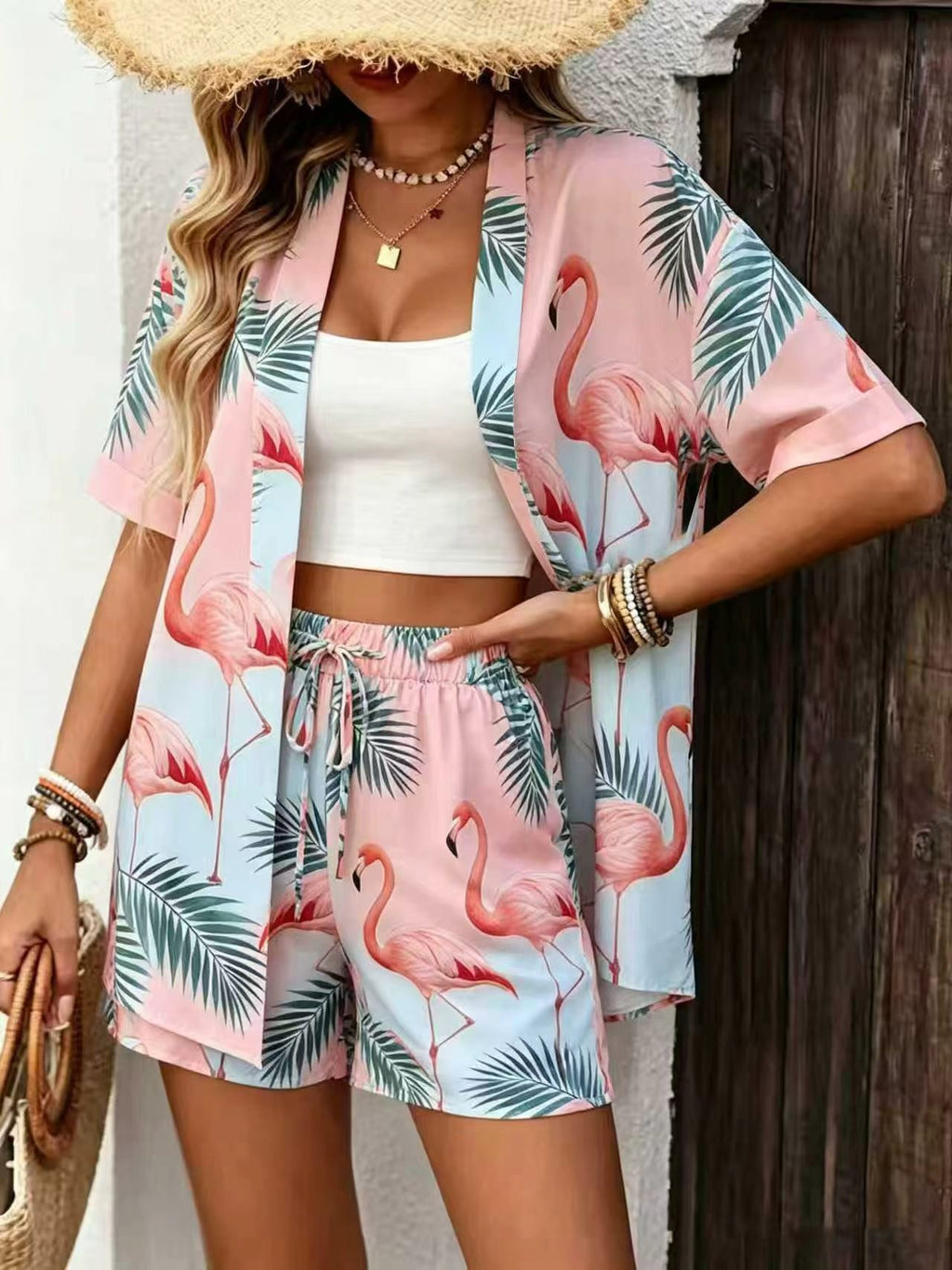 Flamingo Print Cardigan and Shorts Set