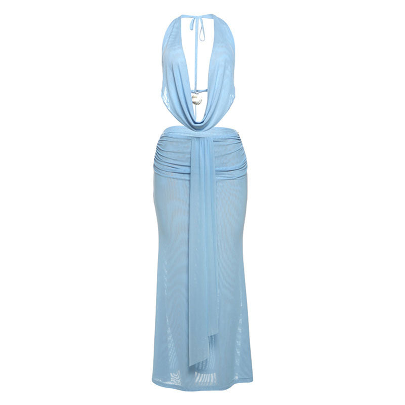Womens Mesh Backless Halter Dress Set