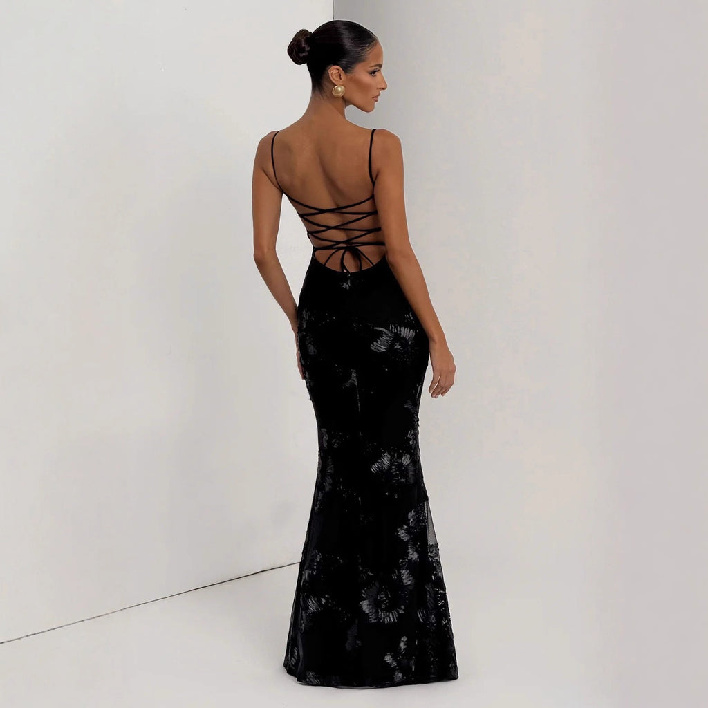 Floral Backless Long Evening Dress