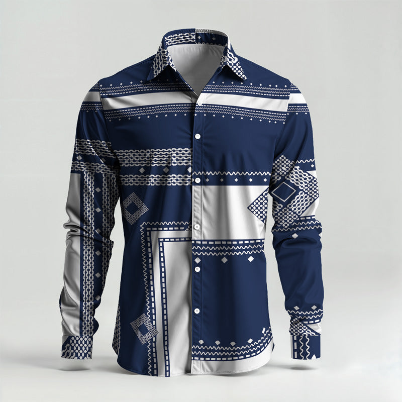 Men Printed Long Sleeve Casual Shirt Lapel Collar