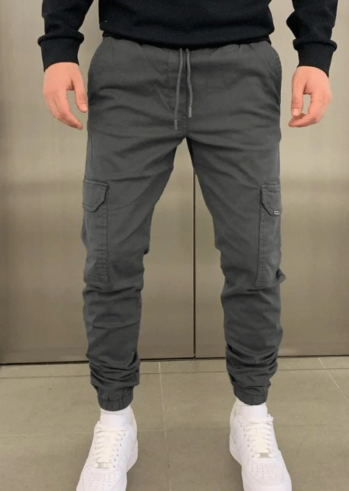 Mens Three-Dimensional Pocket Cargo Pants Elastic Waist Drawstring Loose Fit Casual Trousers
