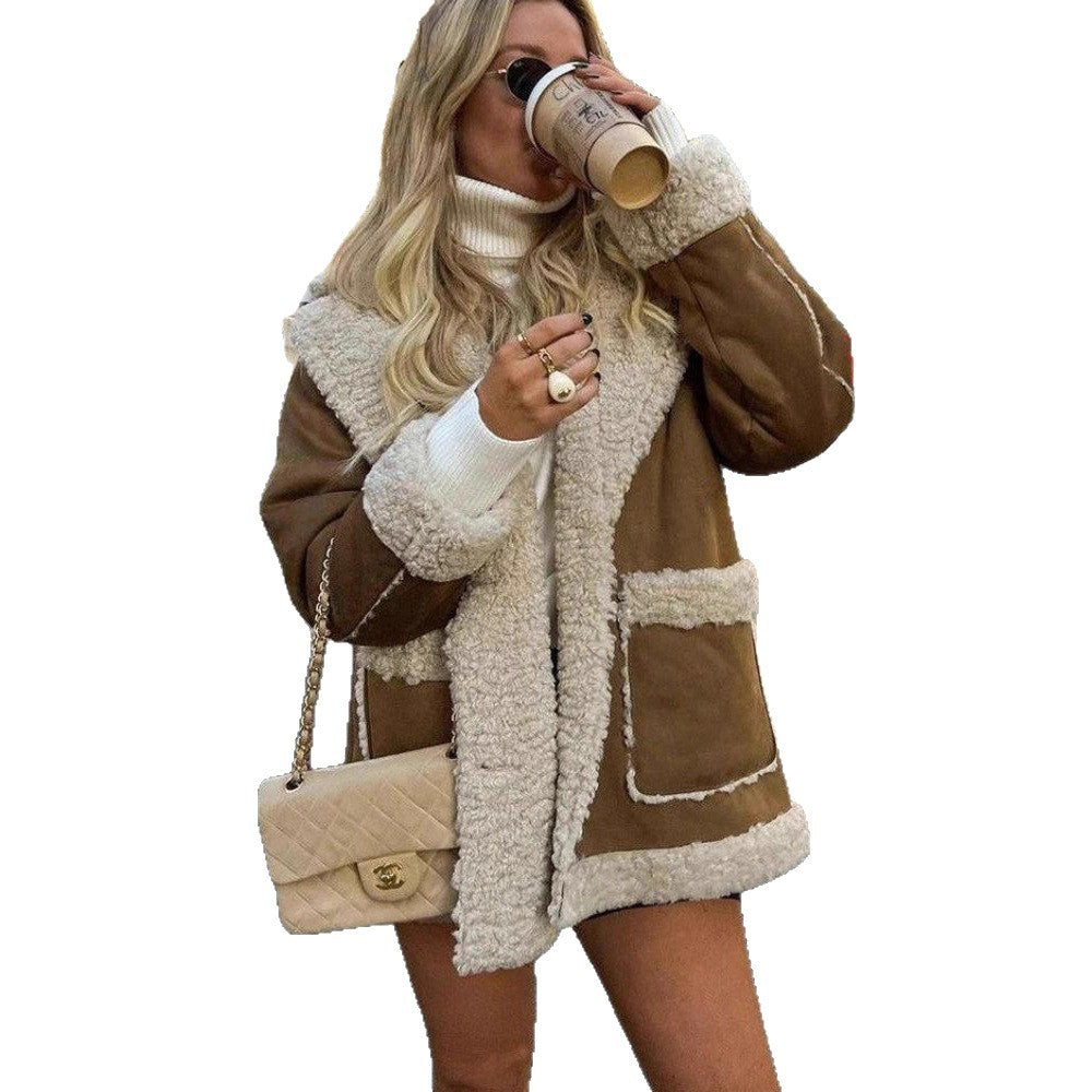 Simulated suede fabric symmetrical large pocket simple coat