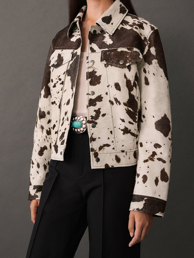 Womens Lapel Denim Jacket with Irregular Pattern