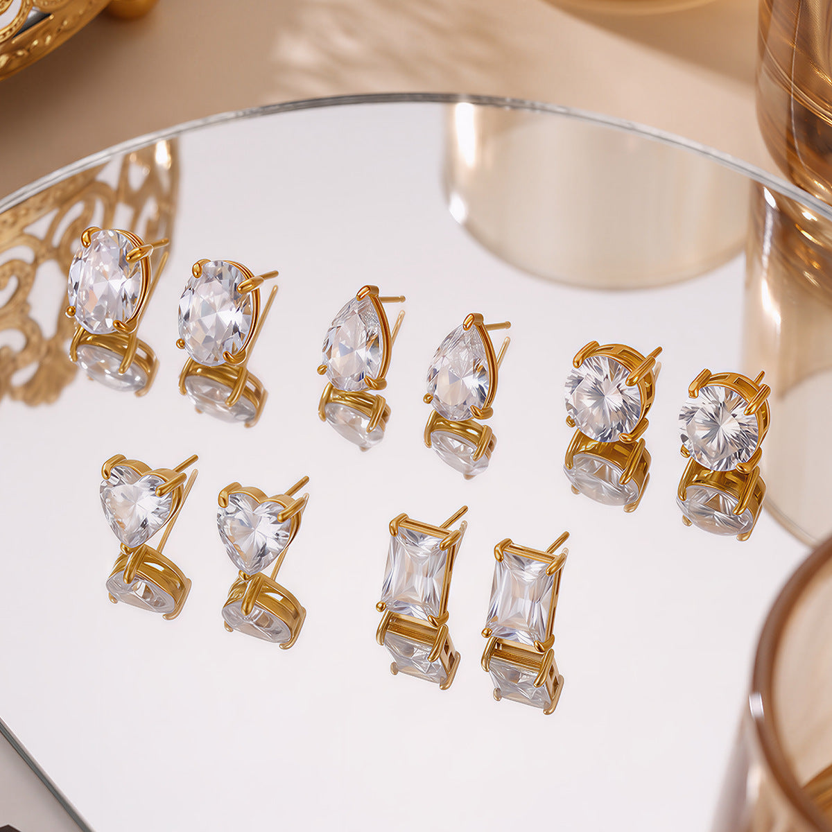 Stainless Steel Simple Geometric Heart-Shaped Square Zircon Earrings