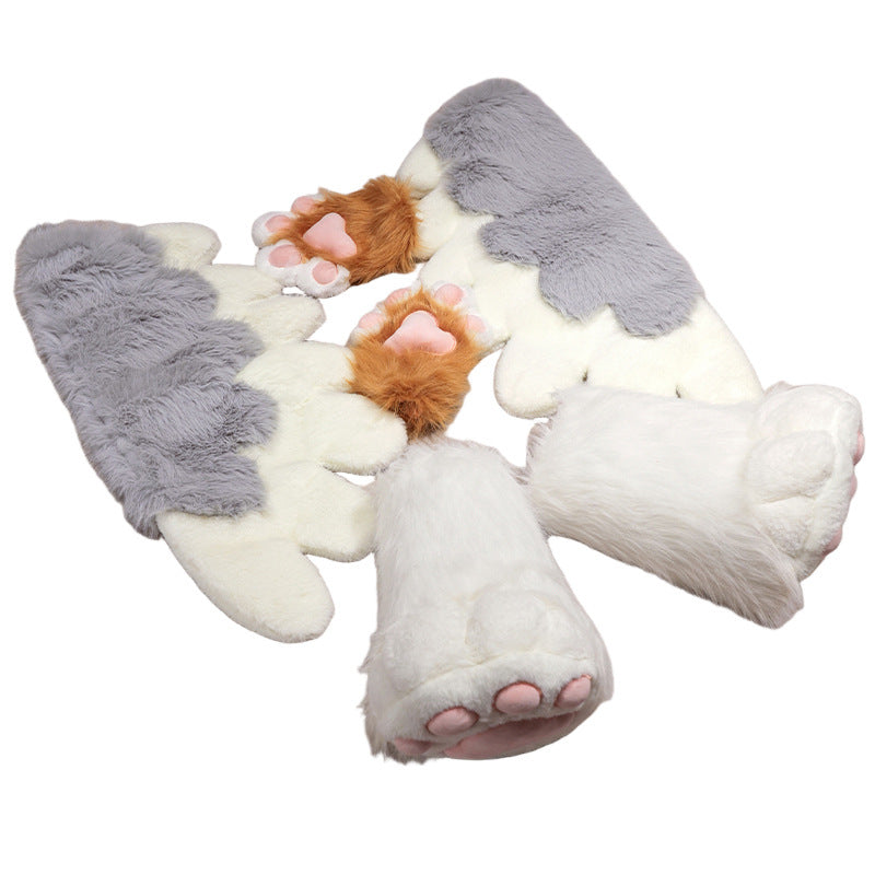 Kawaii Cat Paw Thickened Plush Winter Gloves and Wings Costume Accessories Set