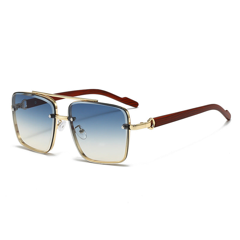 Retro Metal Double Bridge Sunglasses with Wood Grain Legs