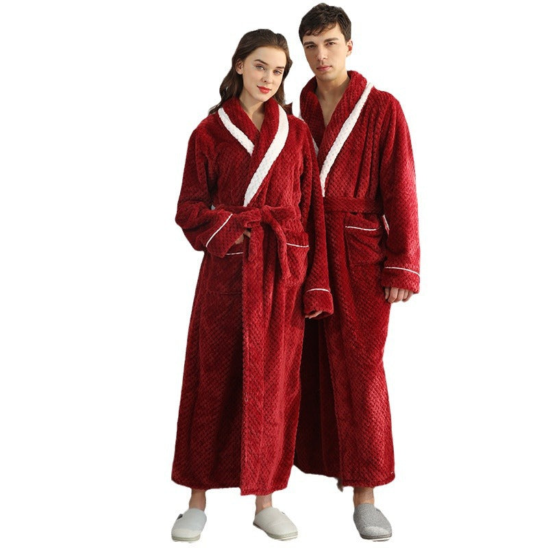 Long Thick Flannel Couple Bathrobe with Lapel Collar