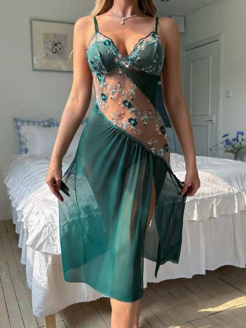 Lace Floral Embroidery Mesh Nightgown