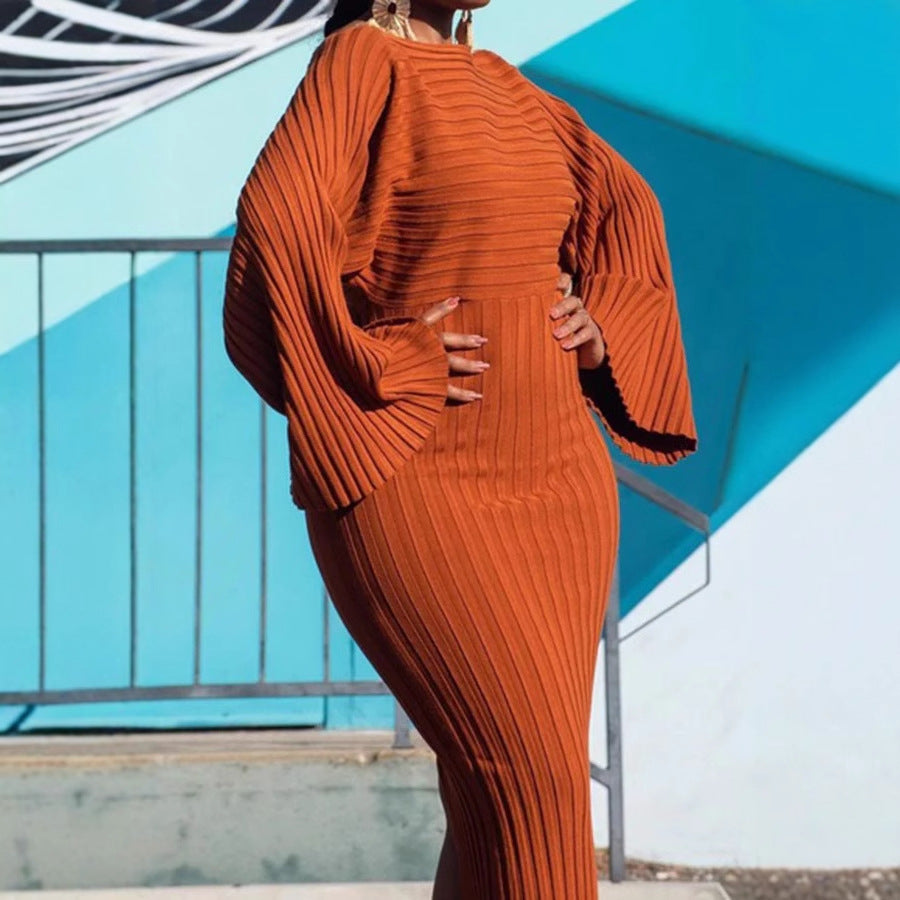 Women's Ribbed Knit Long Sleeve Bell Sleeve Bodycon Dress