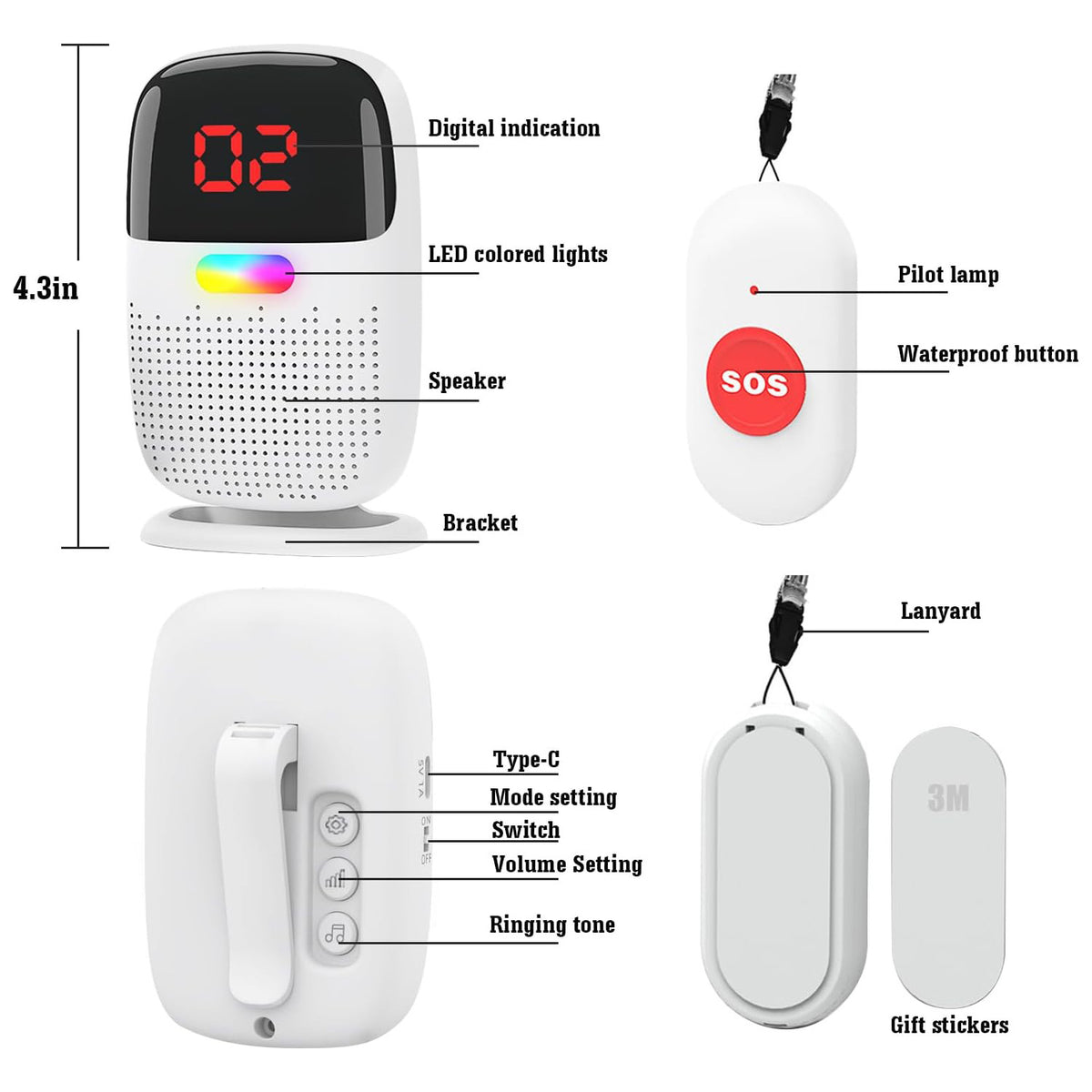 Wireless Doorbell with Flashing Light Vibration and 58 Ring Tones