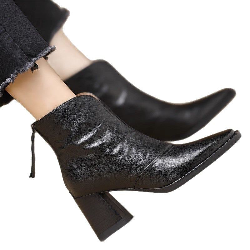 Womens Retro Square Toe Thick Heel Boots Back Zipper Fashion Ankle Boots