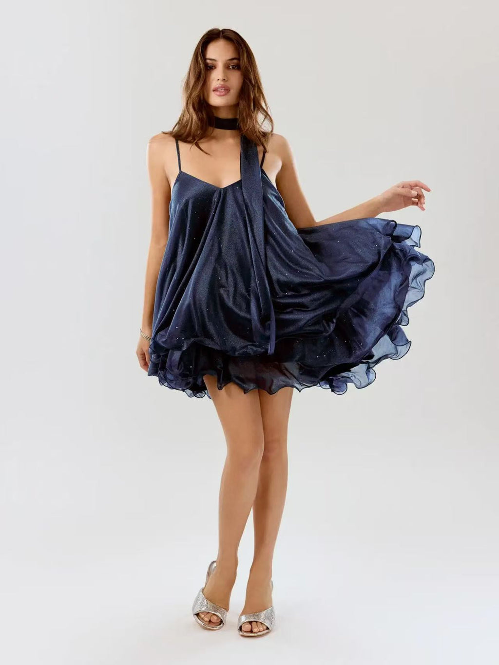 Net fabric sequined elegant halter top skirt